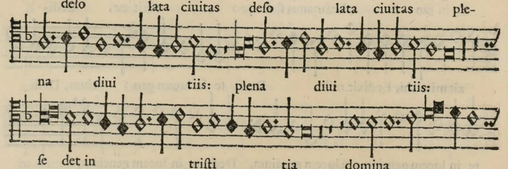 An illustration from Musica nova di Adriano Willaert all'illustrissimo et eccellentissimo signor il signor donno Alfonso d'Este prencipe di Ferrara. Quinta pars., 1559, leaf 43