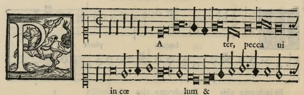 An illustration from Musica nova di Adriano Willaert all'illustrissimo et eccellentissimo signor il signor donno Alfonso d'Este prencipe di Ferrara. Quinta pars., 1559, leaf 45