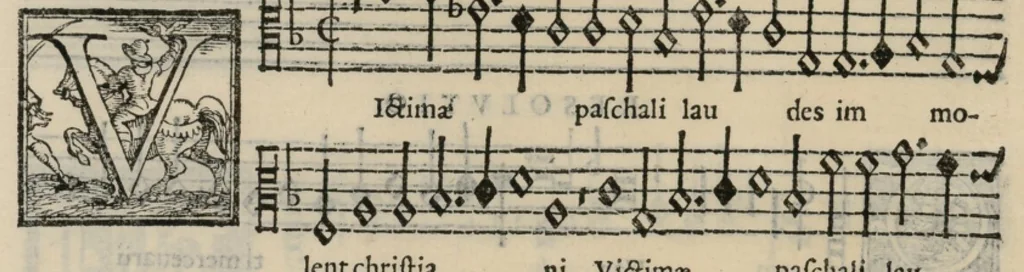 An illustration from Musica nova di Adriano Willaert all'illustrissimo et eccellentissimo signor il signor donno Alfonso d'Este prencipe di Ferrara. Quinta pars., 1559, leaf 47