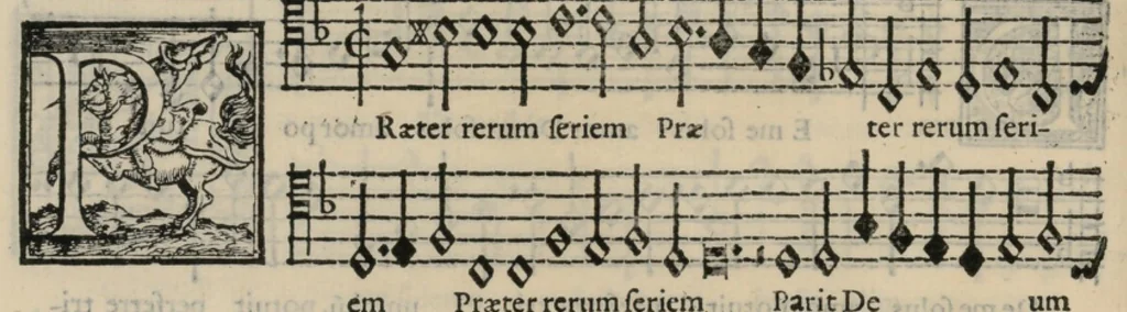 An illustration from Musica nova di Adriano Willaert all'illustrissimo et eccellentissimo signor il signor donno Alfonso d'Este prencipe di Ferrara. Quinta pars., 1559, leaf 57