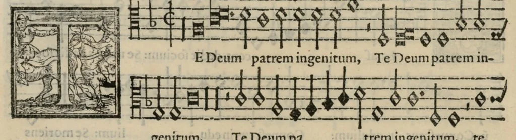 An illustration from Musica nova di Adriano Willaert all'illustrissimo et eccellentissimo signor il signor donno Alfonso d'Este prencipe di Ferrara. Quinta pars., 1559, leaf 65