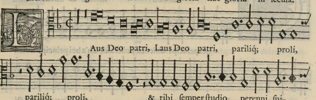An illustration from Musica nova di Adriano Willaert all'illustrissimo et eccellentissimo signor il signor donno Alfonso d'Este prencipe di Ferrara. Quinta pars., 1559, leaf 66