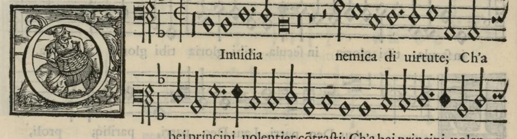 An illustration from Musica nova di Adriano Willaert all'illustrissimo et eccellentissimo signor il signor donno Alfonso d'Este prencipe di Ferrara. Quinta pars., 1559, leaf 67