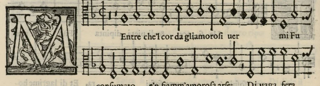 An illustration from Musica nova di Adriano Willaert all'illustrissimo et eccellentissimo signor il signor donno Alfonso d'Este prencipe di Ferrara. Quinta pars., 1559, leaf 75