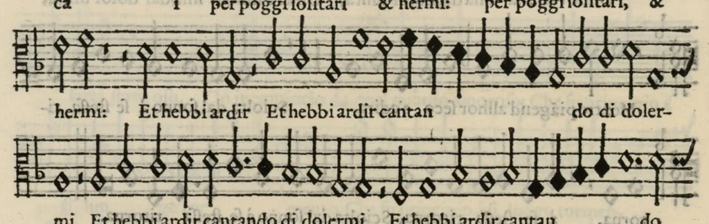 An illustration from Musica nova di Adriano Willaert all'illustrissimo et eccellentissimo signor il signor donno Alfonso d'Este prencipe di Ferrara. Quinta pars., 1559, leaf 75