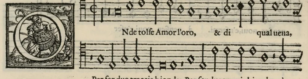 An illustration from Musica nova di Adriano Willaert all'illustrissimo et eccellentissimo signor il signor donno Alfonso d'Este prencipe di Ferrara. Quinta pars., 1559, leaf 77