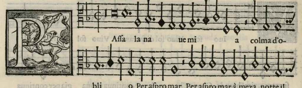 An illustration from Musica nova di Adriano Willaert all'illustrissimo et eccellentissimo signor il signor donno Alfonso d'Este prencipe di Ferrara. Quinta pars., 1559, leaf 87