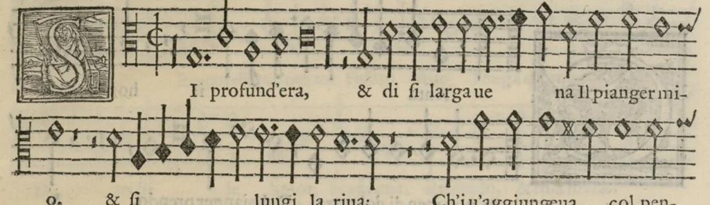 An illustration from Musica nova di Adriano Willaert all'illustrissimo et eccellentissimo signor il signor donno Alfonso d'Este prencipe di Ferrara. Quinta pars., 1559, leaf 90