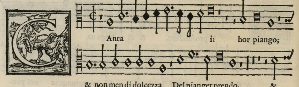 An illustration from Musica nova di Adriano Willaert all'illustrissimo et eccellentissimo signor il signor donno Alfonso d'Este prencipe di Ferrara. Quinta pars., 1559, leaf 91