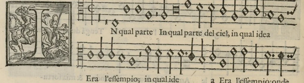 An illustration from Musica nova di Adriano Willaert all'illustrissimo et eccellentissimo signor il signor donno Alfonso d'Este prencipe di Ferrara. Quinta pars., 1559, leaf 93