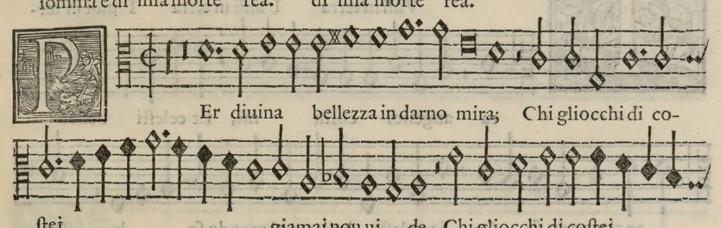 An illustration from Musica nova di Adriano Willaert all'illustrissimo et eccellentissimo signor il signor donno Alfonso d'Este prencipe di Ferrara. Quinta pars., 1559, leaf 94