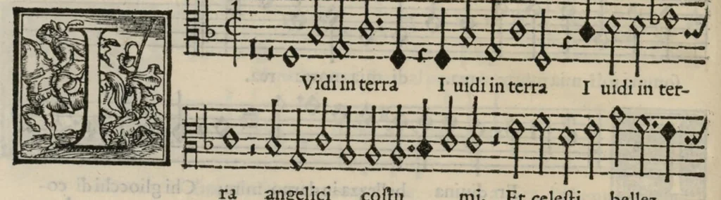 An illustration from Musica nova di Adriano Willaert all'illustrissimo et eccellentissimo signor il signor donno Alfonso d'Este prencipe di Ferrara. Quinta pars., 1559, leaf 95