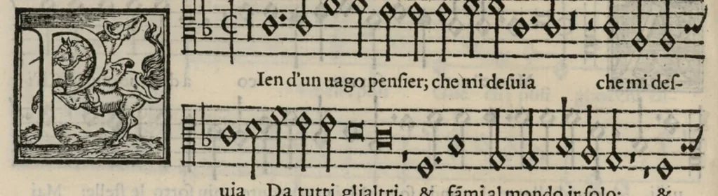 An illustration from Musica nova di Adriano Willaert all'illustrissimo et eccellentissimo signor il signor donno Alfonso d'Este prencipe di Ferrara. Quinta pars., 1559, leaf 99