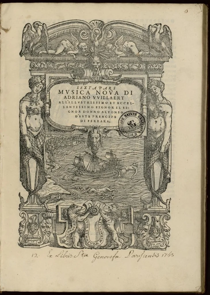 An illustration from Musica nova di Adriano Willaert all'illustrissimo et eccellentissimo signor il signor donno Alfonso d'Este prencipe di Ferrara. Sexta pars., 1559, leaf 10