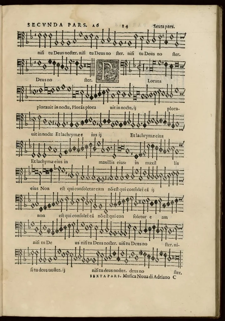 An illustration from Musica nova di Adriano Willaert all'illustrissimo et eccellentissimo signor il signor donno Alfonso d'Este prencipe di Ferrara. Sexta pars., 1559, leaf 26
