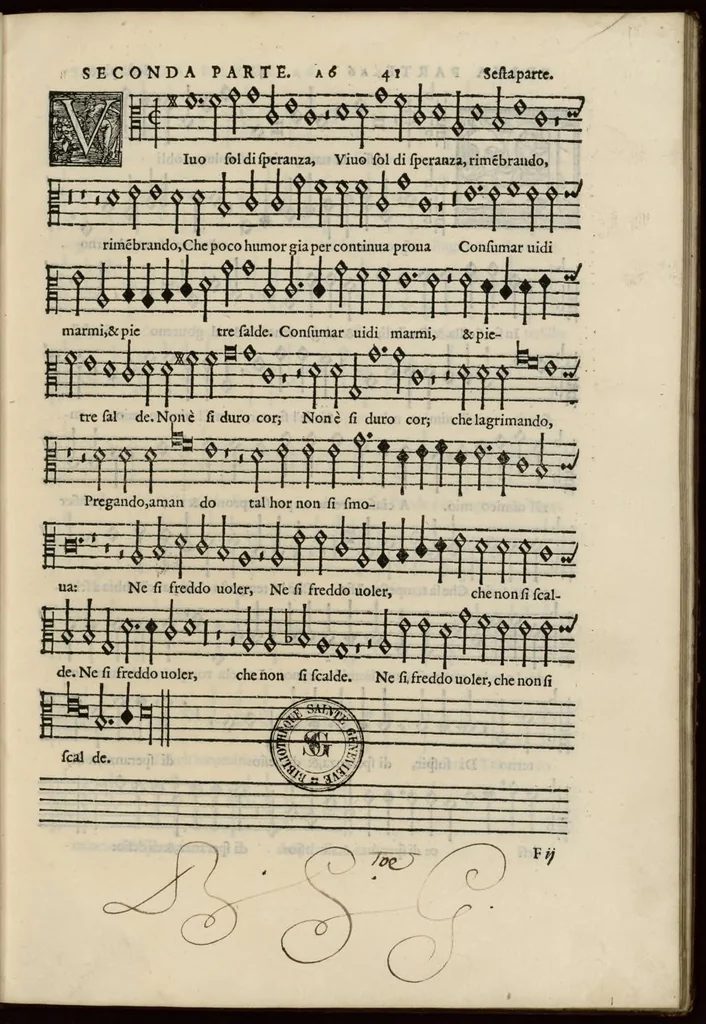 An illustration from Musica nova di Adriano Willaert all'illustrissimo et eccellentissimo signor il signor donno Alfonso d'Este prencipe di Ferrara. Sexta pars., 1559, leaf 52