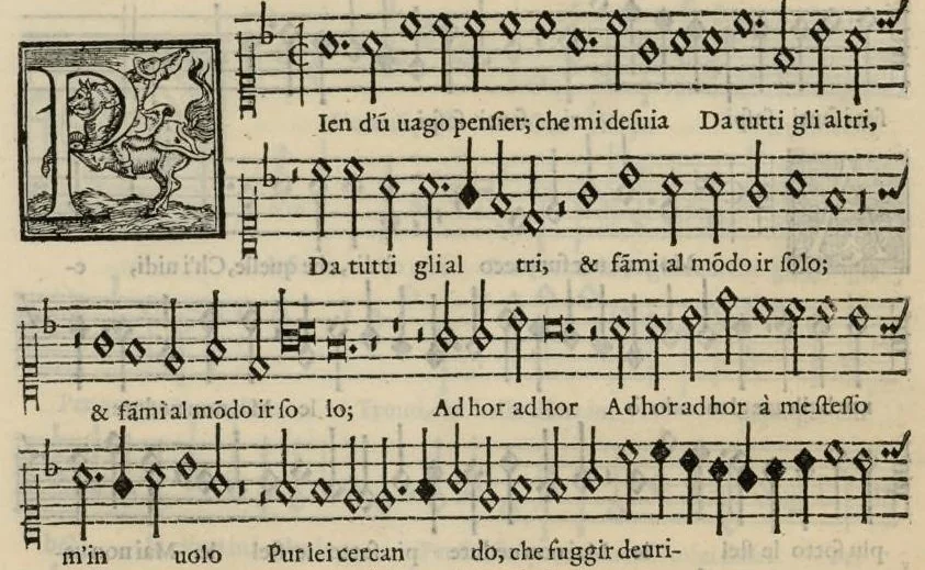 An illustration from Musica nova di Adriano Willaert all'illustrissimo et eccellentissimo signor il signor donno Alfonso d'Este prencipe di Ferrara. Sexta pars., 1559, leaf 65