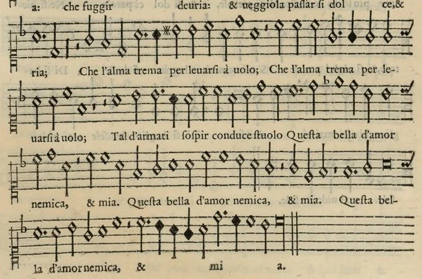 An illustration from Musica nova di Adriano Willaert all'illustrissimo et eccellentissimo signor il signor donno Alfonso d'Este prencipe di Ferrara. Sexta pars., 1559, leaf 65