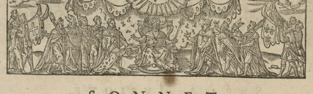 An illustration from Preces ecclesiasticae ad numeros musices redactae. Authore Eustachio Du Caurroy, Regiae Capellae musices praefecto.Reginae Margaretae dicatae. Liber secundus... Contra., 1609, leaf 11