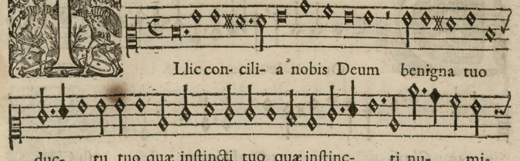 An illustration from Preces ecclesiasticae ad numeros musices redactae. Authore Eustachio Du Caurroy, Regiae Capellae musices praefecto.Reginae Margaretae dicatae. Liber secundus... Contra., 1609, leaf 42