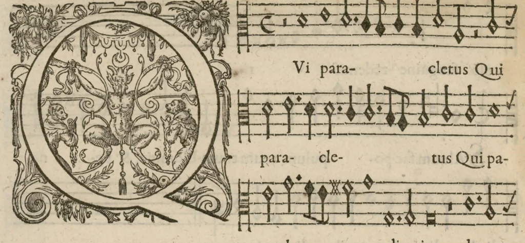 An illustration from Preces ecclesiasticae ad numeros musices redactae. Authore Eustachio Du Caurroy, Regiae Capellae musices praefecto.Reginae Margaretae dicatae. Liber secundus... Contra., 1609, leaf 55
