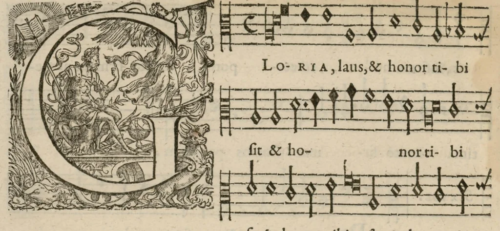 An illustration from Preces ecclesiasticae ad numeros musices redactae. Authore Eustachio Du Caurroy, Regiae Capellae musices praefecto.Reginae Margaretae dicatae. Liber secundus... Contra., 1609, leaf 57