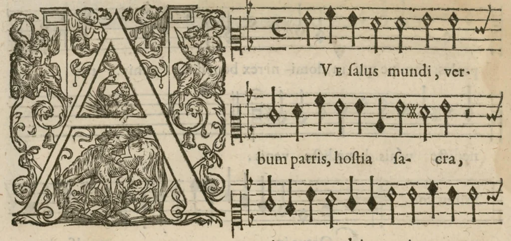 An illustration from Preces ecclesiasticae ad numeros musices redactae. Authore Eustachio Du Caurroy, Regiae Capellae musices praefecto.Reginae Margaretae dicatae. Liber secundus... Contra., 1609, leaf 59