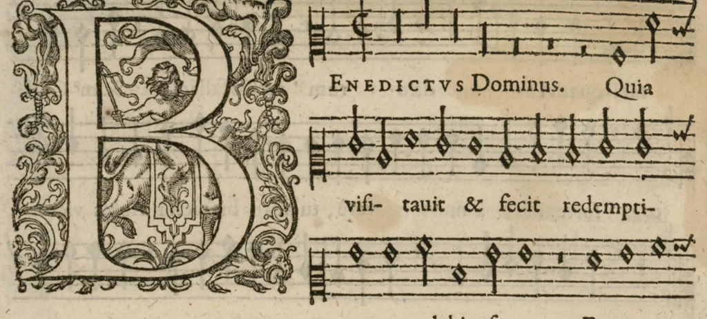 An illustration from Preces ecclesiasticae ad numeros musices redactae. Authore Eustachio Du Caurroy, Regiae Capellae musices praefecto.Reginae Margaretae dicatae. Liber secundus... Contra., 1609, leaf 63