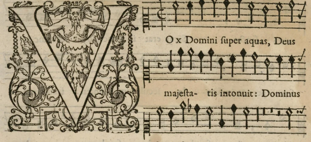 An illustration from Preces ecclesiasticae ad numeros musices redactae. Authore Eustachio Du Caurroy, Regiae Capellae musices praefecto.Reginae Margaretae dicatae. Liber secundus... Contra., 1609, leaf 67