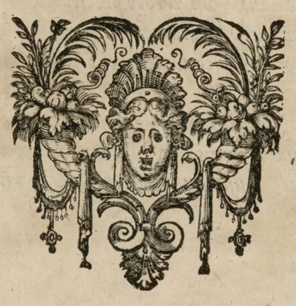 An illustration from Preces ecclesiasticae ad numeros musices redactae. Authore Eustachio Du Caurroy, Regiae Capellae musices praefecto.Reginae Margaretae dicatae. Liber secundus. Sexta pars, 1609, leaf 12