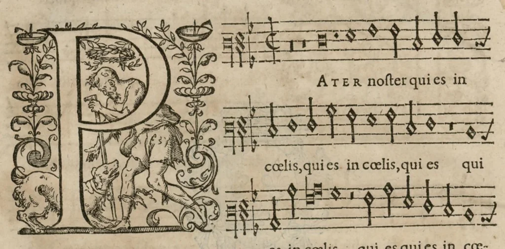 An illustration from Preces ecclesiasticae ad numeros musices redactae. Authore Eustachio Du Caurroy, Regiae Capellae musices praefecto.Reginae Margaretae dicatae. Liber secundus. Sexta pars, 1609, leaf 15