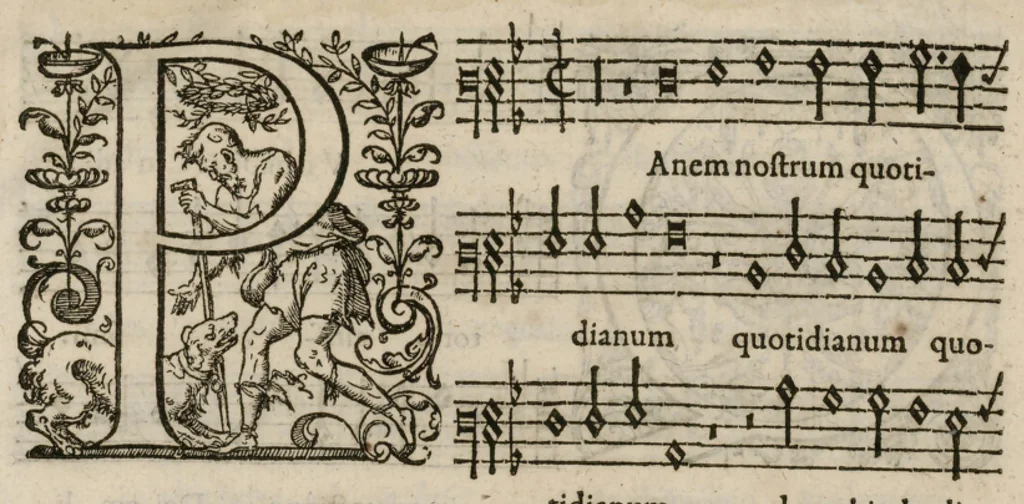An illustration from Preces ecclesiasticae ad numeros musices redactae. Authore Eustachio Du Caurroy, Regiae Capellae musices praefecto.Reginae Margaretae dicatae. Liber secundus. Sexta pars, 1609, leaf 16