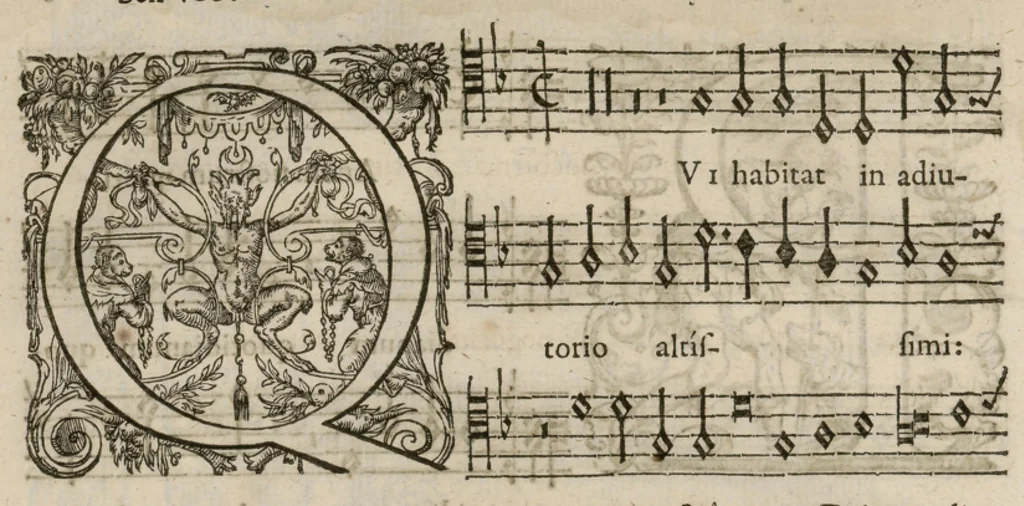 An illustration from Preces ecclesiasticae ad numeros musices redactae. Authore Eustachio Du Caurroy, Regiae Capellae musices praefecto.Reginae Margaretae dicatae. Liber secundus. Sexta pars, 1609, leaf 17