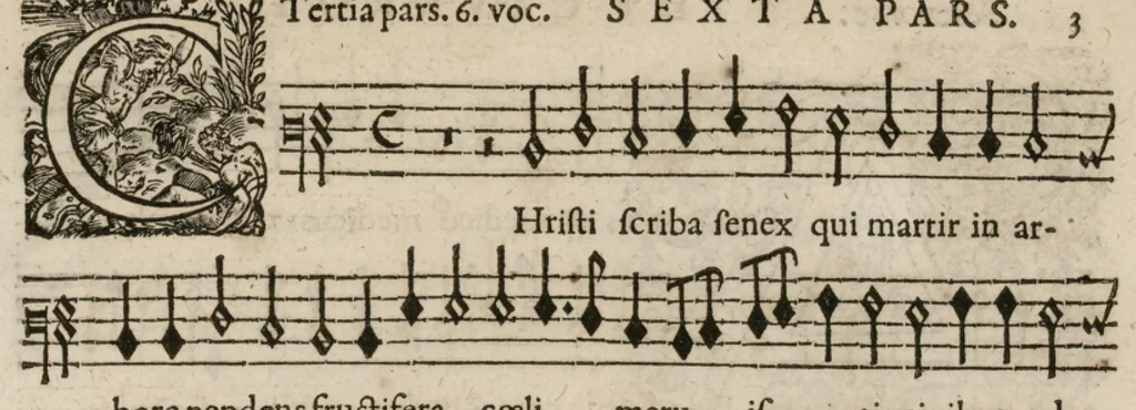 An illustration from Preces ecclesiasticae ad numeros musices redactae. Authore Eustachio Du Caurroy, Regiae Capellae musices praefecto.Reginae Margaretae dicatae. Liber secundus. Sexta pars, 1609, leaf 20