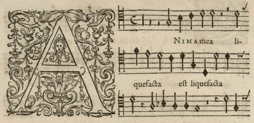 An illustration from Preces ecclesiasticae ad numeros musices redactae. Authore Eustachio Du Caurroy, Regiae Capellae musices praefecto.Reginae Margaretae dicatae. Liber secundus. Sexta pars, 1609, leaf 21