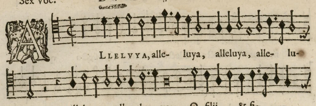 An illustration from Preces ecclesiasticae ad numeros musices redactae. Authore Eustachio Du Caurroy, Regiae Capellae musices praefecto.Reginae Margaretae dicatae. Liber secundus. Sexta pars, 1609, leaf 23