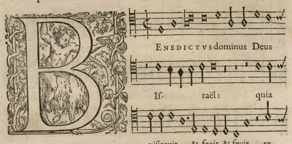 An illustration from Preces ecclesiasticae ad numeros musices redactae. Authore Eustachio Du Caurroy, Regiae Capellae musices praefecto.Reginae Margaretae dicatae. Liber secundus. Sexta pars, 1609, leaf 31