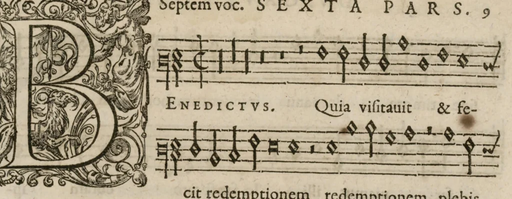 An illustration from Preces ecclesiasticae ad numeros musices redactae. Authore Eustachio Du Caurroy, Regiae Capellae musices praefecto.Reginae Margaretae dicatae. Liber secundus. Sexta pars, 1609, leaf 32