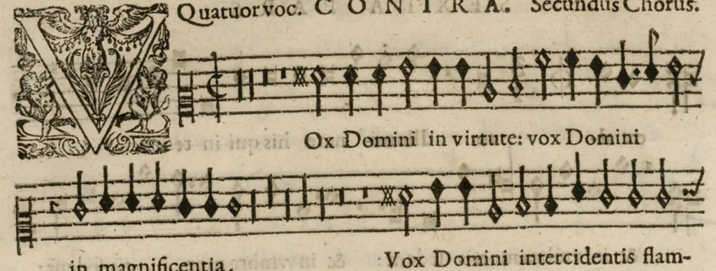 An illustration from Preces ecclesiasticae ad numeros musices redactae. Authore Eustachio Du Caurroy, Regiae Capellae musices praefecto.Reginae Margaretae dicatae. Liber secundus. Sexta pars, 1609, leaf 37