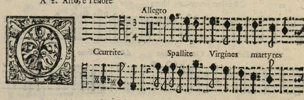 An illustration from Canto. Harmonia d'affetti devoti a due, tre, e quatro voci consagrata all'altezza serenissima del signor prencipe Alessandro Farnesi di Parma, da Giovanni Legrenzi, primo organista di S. Maria Maggiore di Bergamo et accademico eccitato. Libro primo, opera terza., 1655, leaf 15