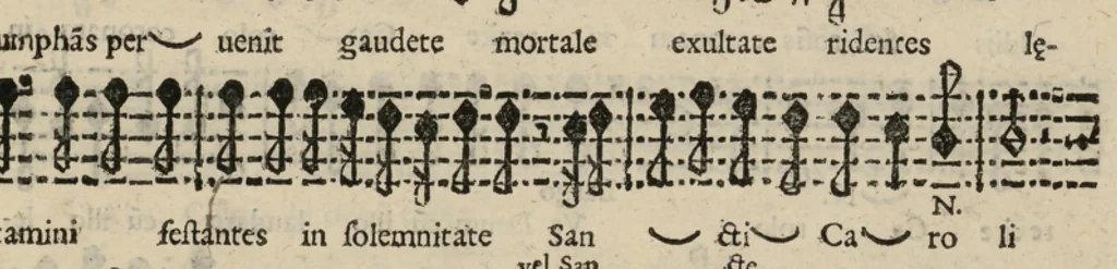 An illustration from Canto. Harmonia d'affetti devoti a due, tre, e quatro voci consagrata all'altezza serenissima del signor prencipe Alessandro Farnesi di Parma, da Giovanni Legrenzi, primo organista di S. Maria Maggiore di Bergamo et accademico eccitato. Libro primo, opera terza., 1655, leaf 16