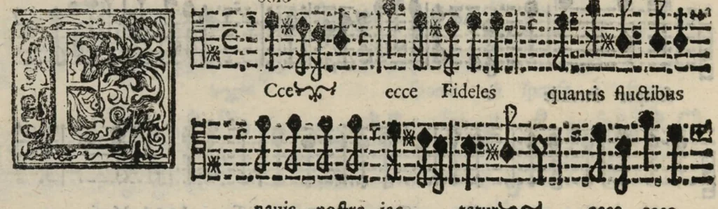 An illustration from Canto. Harmonia d'affetti devoti a due, tre, e quatro voci consagrata all'altezza serenissima del signor prencipe Alessandro Farnesi di Parma, da Giovanni Legrenzi, primo organista di S. Maria Maggiore di Bergamo et accademico eccitato. Libro primo, opera terza., 1655, leaf 25