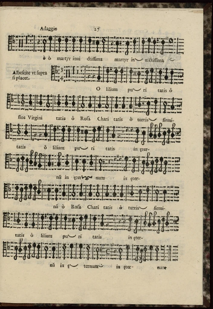 An illustration from Canto. Harmonia d'affetti devoti a due, tre, e quatro voci consagrata all'altezza serenissima del signor prencipe Alessandro Farnesi di Parma, da Giovanni Legrenzi, primo organista di S. Maria Maggiore di Bergamo et accademico eccitato. Libro primo, opera terza., 1655, leaf 32