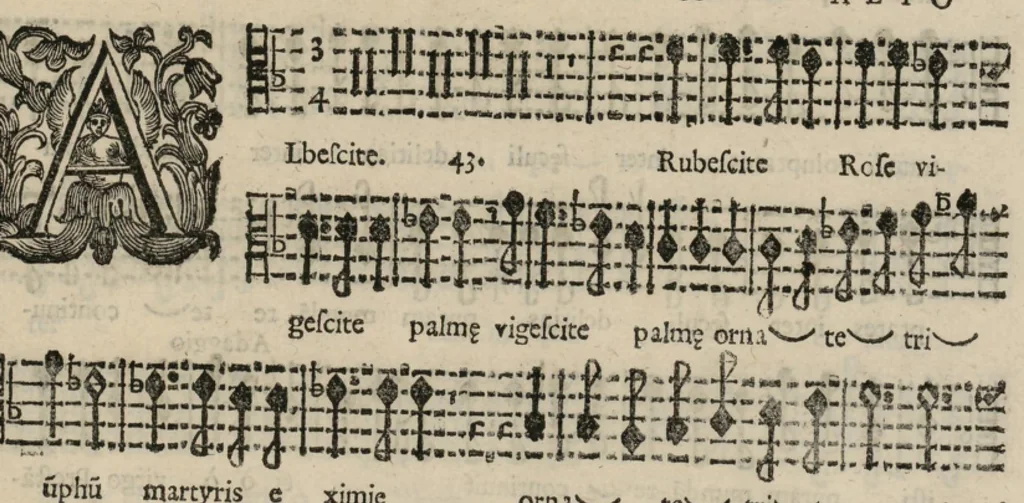 An illustration from Alto. Harmonia d'affetti devoti a due, tre, e quatro voci consagrata all'altezza serenissima del signor prencipe Alessandro Farnesi di Parma, da Giovanni Legrenzi, primo organista di S. Maria Maggiore di Bergamo et accademico eccitato. Libro primo, opera terza., 1655, leaf 26