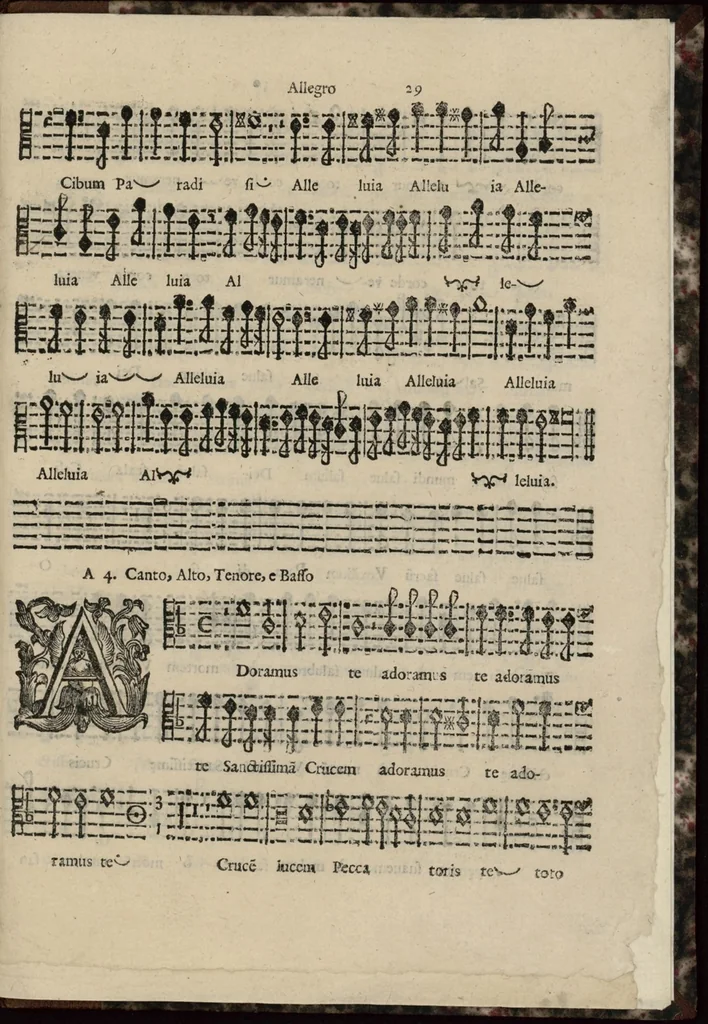 An illustration from Alto. Harmonia d'affetti devoti a due, tre, e quatro voci consagrata all'altezza serenissima del signor prencipe Alessandro Farnesi di Parma, da Giovanni Legrenzi, primo organista di S. Maria Maggiore di Bergamo et accademico eccitato. Libro primo, opera terza., 1655, leaf 34