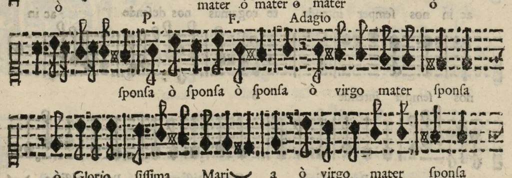 An illustration from Tenore. Harmonia d'affetti devoti a due, tre, e quatro voci consagrata all'altezza serenissima del signor prencipe Alessandro Farnesi di Parma, da Giovanni Legrenzi, primo organista di S. Maria Maggiore di Bergamo et accademico eccitato. Libro primo, opera terza., 1655, leaf 24