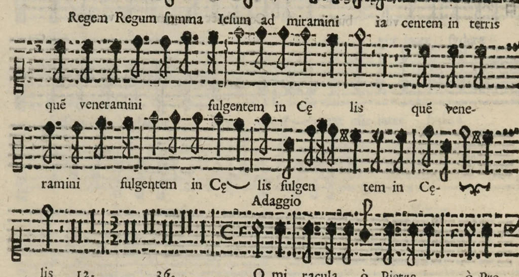 An illustration from Tenore. Harmonia d'affetti devoti a due, tre, e quatro voci consagrata all'altezza serenissima del signor prencipe Alessandro Farnesi di Parma, da Giovanni Legrenzi, primo organista di S. Maria Maggiore di Bergamo et accademico eccitato. Libro primo, opera terza., 1655, leaf 43