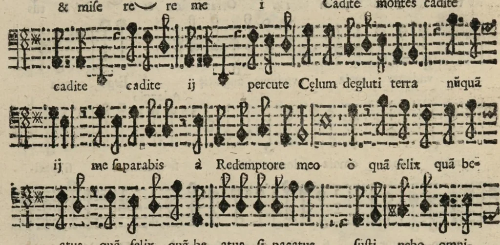 An illustration from Basso. Harmonia d'affetti devoti a due, tre, e quatro voci consagrata all'altezza serenissima del signor prencipe Alessandro Farnesi di Parma, da Giovanni Legrenzi, primo organista di S. Maria Maggiore di Bergamo et accademico eccitato. Libro primo, opera terza., 1655, leaf 11