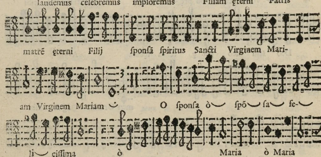 An illustration from Basso. Harmonia d'affetti devoti a due, tre, e quatro voci consagrata all'altezza serenissima del signor prencipe Alessandro Farnesi di Parma, da Giovanni Legrenzi, primo organista di S. Maria Maggiore di Bergamo et accademico eccitato. Libro primo, opera terza., 1655, leaf 13
