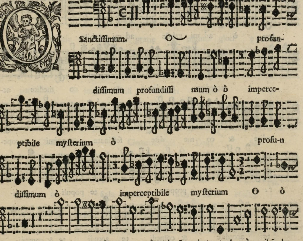 An illustration from Basso. Harmonia d'affetti devoti a due, tre, e quatro voci consagrata all'altezza serenissima del signor prencipe Alessandro Farnesi di Parma, da Giovanni Legrenzi, primo organista di S. Maria Maggiore di Bergamo et accademico eccitato. Libro primo, opera terza., 1655, leaf 16